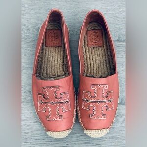 Tory Burch Ines Espadrille Leather Flats Tramonto Pink /spark Gold Size 8.5